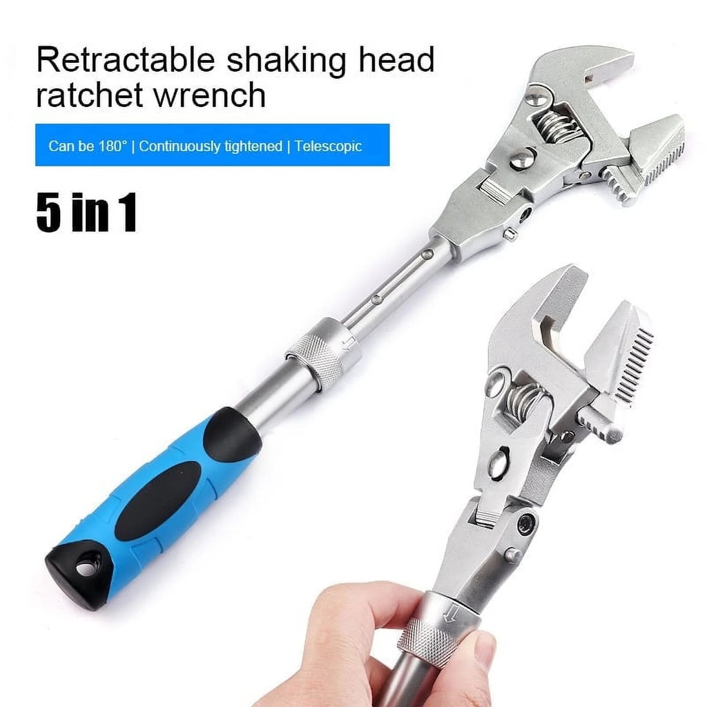 Flexhead Adjustable Wrench,5 in 1 Adjustable Wrench Ratcheting Crescent Wrenches with Retractable Extension Shank and 180⁰ Rotating Head Flex Head Ratchet Wrench Tool