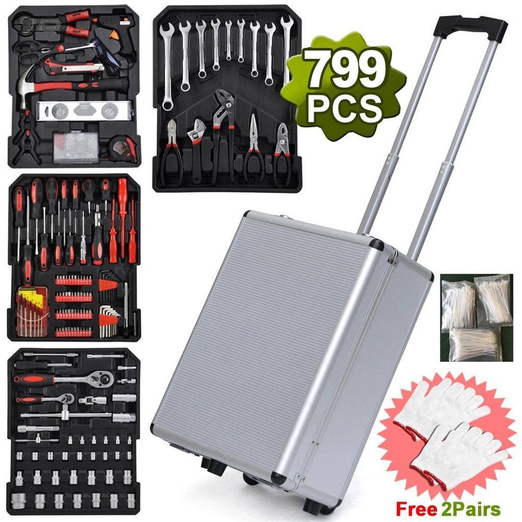 Seizeen 799PCS Tool Set Professional, Mobile Tool Box on Wheels with Handle, Mechanics Tool Set W/Hand Tool, Ratchets&Socket Set, Screwdriver Set, 4-Layer Tool Case & Tool Kit COMB