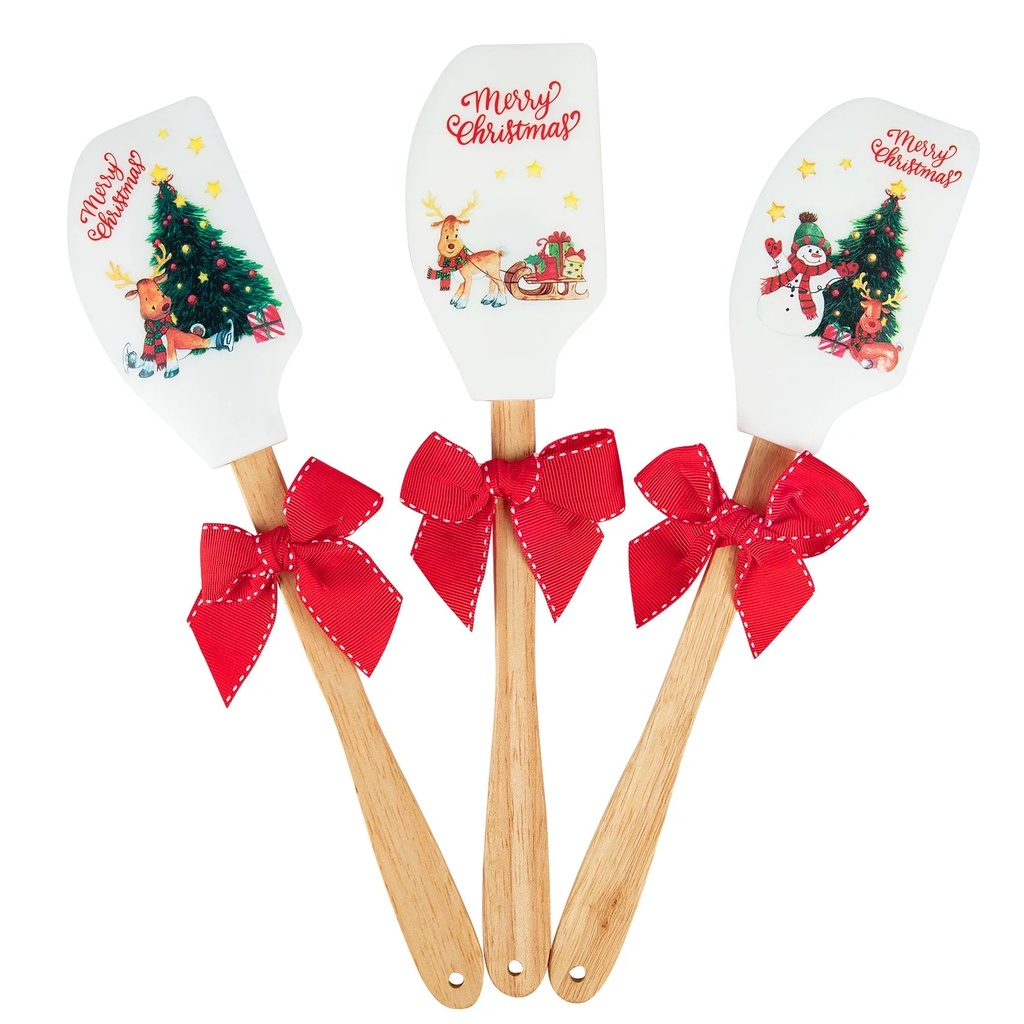 Kitsin Christmas Silicone Spatulas 3 Pieces, Premium Heat Resistant Cream Butter Spatula Set with Wooden Handle for Baking, Holiday Parties