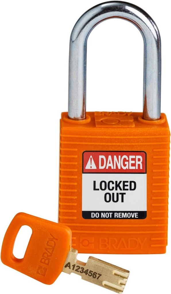Brady Safekey Lockout Padlock - Nylon - Orange - 1.5" Steel Shackle Vertical Clearance - Keyed Different