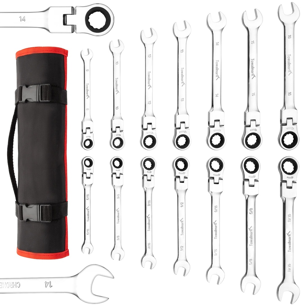 Dsstyles 14-Piece Flex-Head Ratcheting Wrench Set, Sae/Metric Ratchet Wrenches Set,Cr-V Constructed, Chrome Vanadium Steel Combination Ended Standard Kit with Roll-Up Storage Pouch