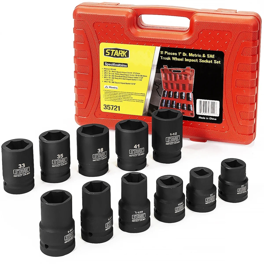 Stark 11-Piece Premium Impact Socket Set 1"-Inch Drive Metric & SAE Truck Socket Wheel Cr-Mo Steel 6-Point / Square Socket Carrying Case