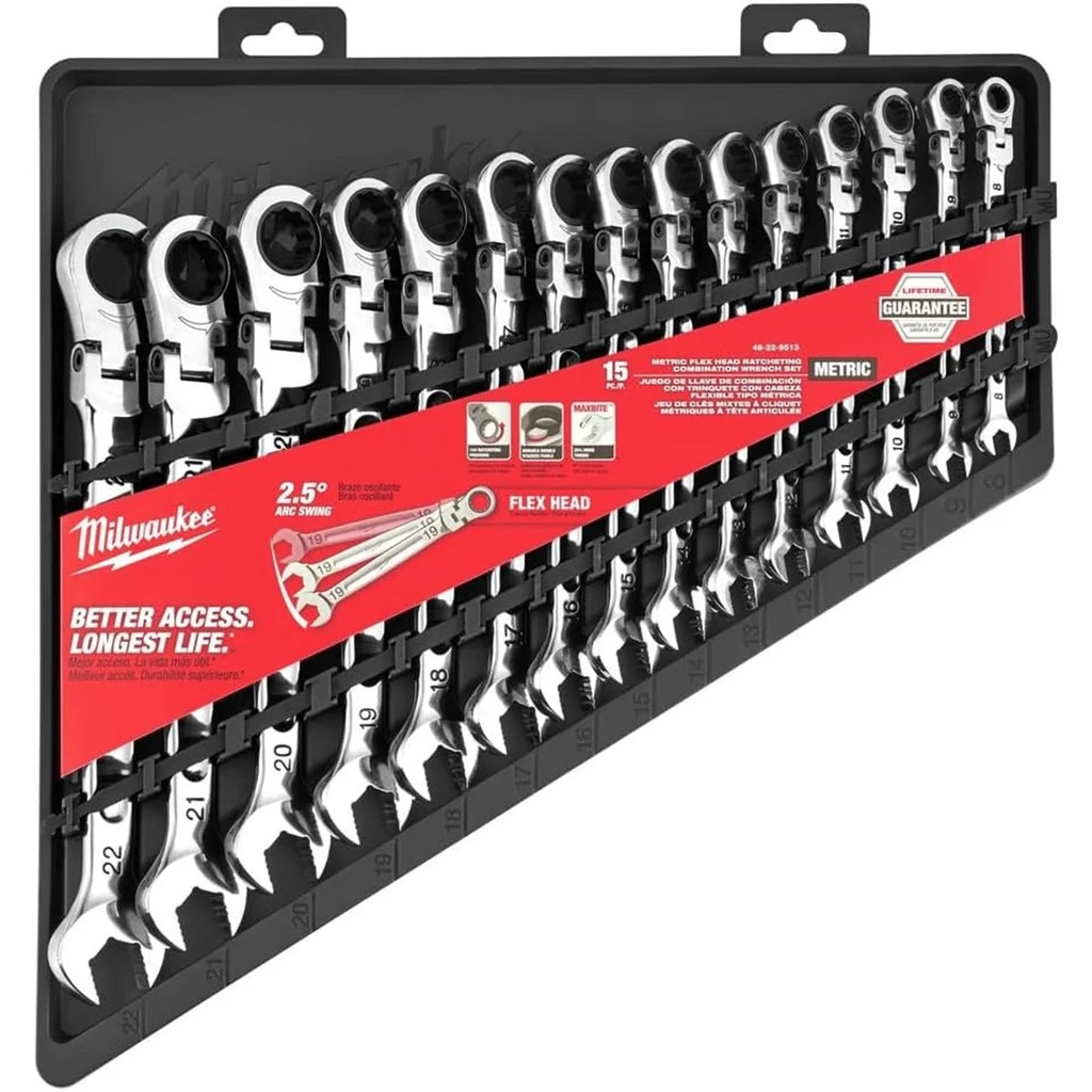 Milwaukee Tool 15Pc Flex Head Ratcheting Combination Wrench - 144 Ratcheting Positions Metric