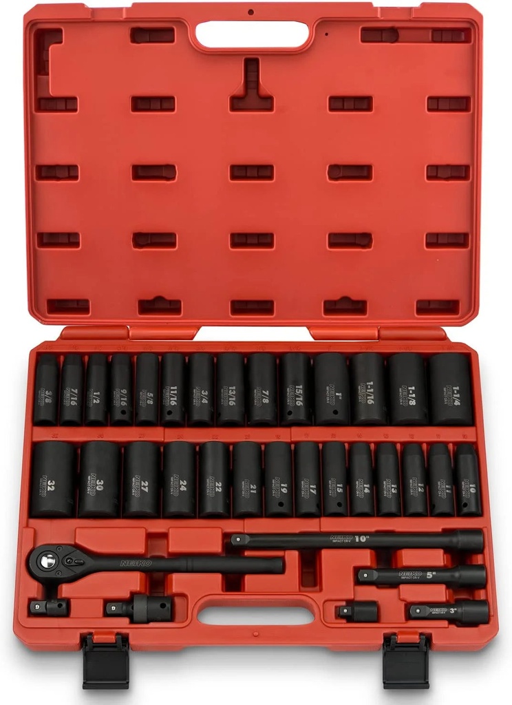 NEIKO 02446A 1/2" Impact Socket Set, 35 Piece, Deep Socket Kit Assortment, Standard SAE (3/8”-1-1/4”) and Metric MM (10-32Mm) Sizes, Includes Ratchet Handle and Impact Extension Bars