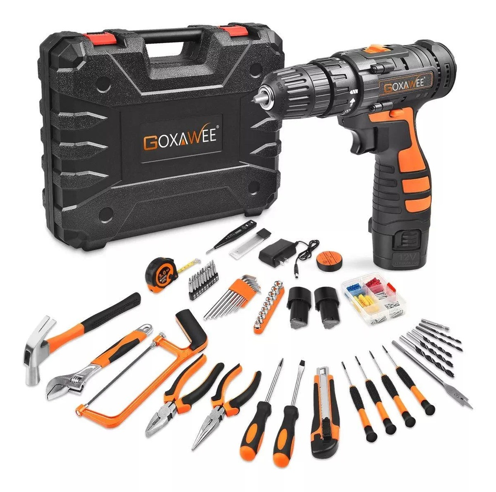 GOXAWEE Tool Kit with Electric Cordless Drill, 112-Piece Household Tool Set with Storage Case, for General Home/Auto Repair and DIY Project