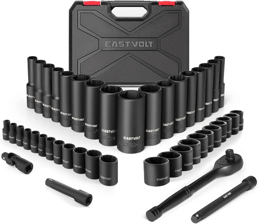 Eastvolt Mechanic Tool Kit, Drive Socket Set, 46 Pieces, with 72 Teeth Reversible Ratchet, Metric/Sae