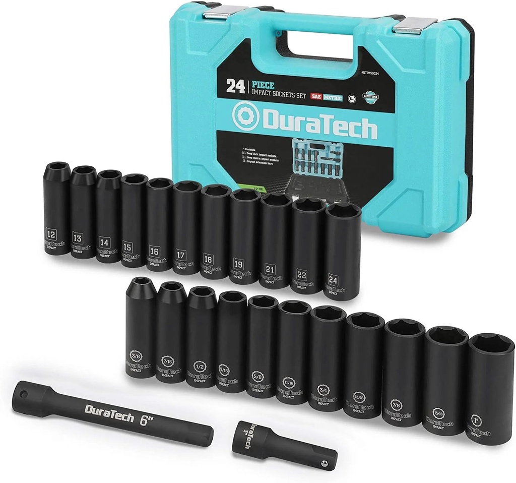 DURATECH 24-Piece Impact Socket Set, 1/2" Drive Deep Impact Socket Set with 2Pcs 1/2-Inch Hexagon Extension Bars, Metric ＆ SAE, Hard Case Included