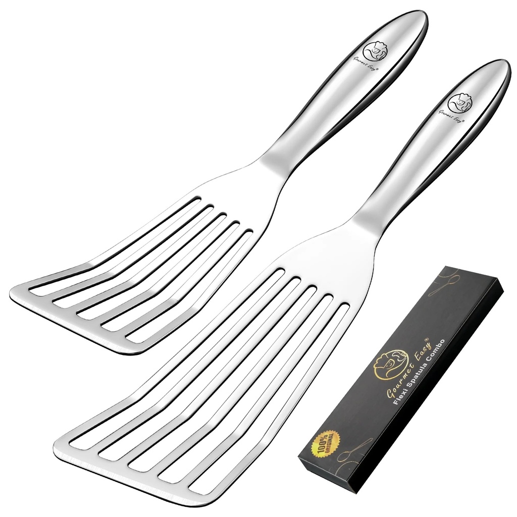 Fish Spatula Stainless Steel Combo - 1 Large Fish Turner Spatula + 1 Small Griddle Spatula - Metal Spatula for Cooking - Slotted Spatulas - Frying Spatula with Thin Edge Ideal for Turning & Flipping