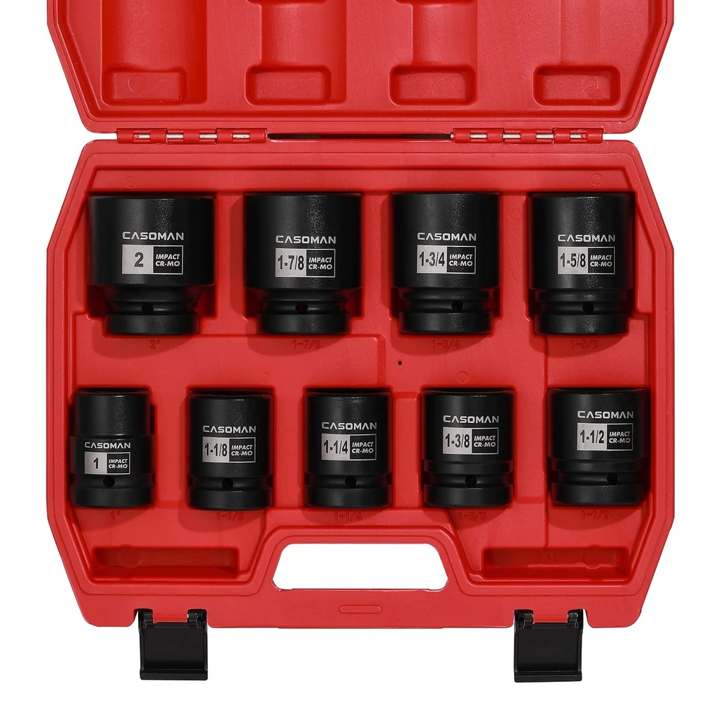 CASOMAN 1-Inch Drive Spindle Axle Nut Impact Socket Set, Shallow, 1" to 2", 9PCS Impact Large Socket Set, 6-Point, SAE, CR-MO