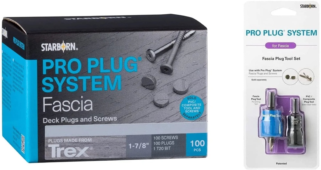 Pro Plug System for Fascia Plug & Screw Kit - Trex Fascia Plugs & Epoxy Coated Carbon Steel Screws- #10 X 1-7/8" T-20 Star Dr- 100 Pieces and Fascia Plug Tool Set (Enhanced Saddle)