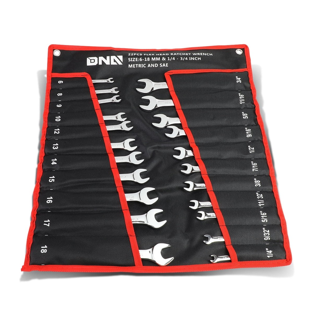 DNA Motoring TOOLS-00089 DNA MOTORING 22 Pcs Chome Vanadium Steel Metric Flex Head 72 Tooth Ratcheting Wrenches Repair Tool Kit+Foldable Hangable Pouch