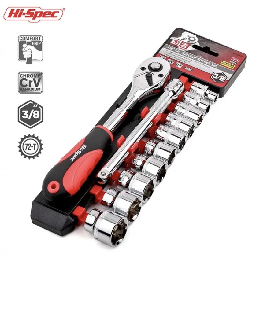 Hi-Spec 12Pc 3/8" Metric Socket Wrench Set Automotive Tool Kit with 72 Teeth Ratchet Drive Socket Handle& Quick Release Function