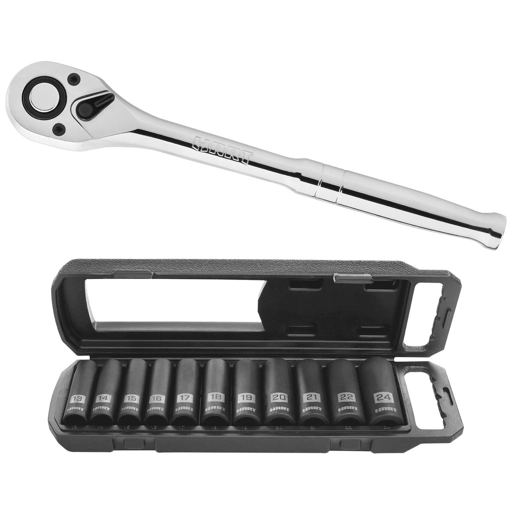 HART 90-Tooth 1/2-Inch Drive Ratchet, Chrome Vanadium Steel and HART 11- Piece 1/2-Inch Drive MM Impact Socket Set, Chrome Vanadium