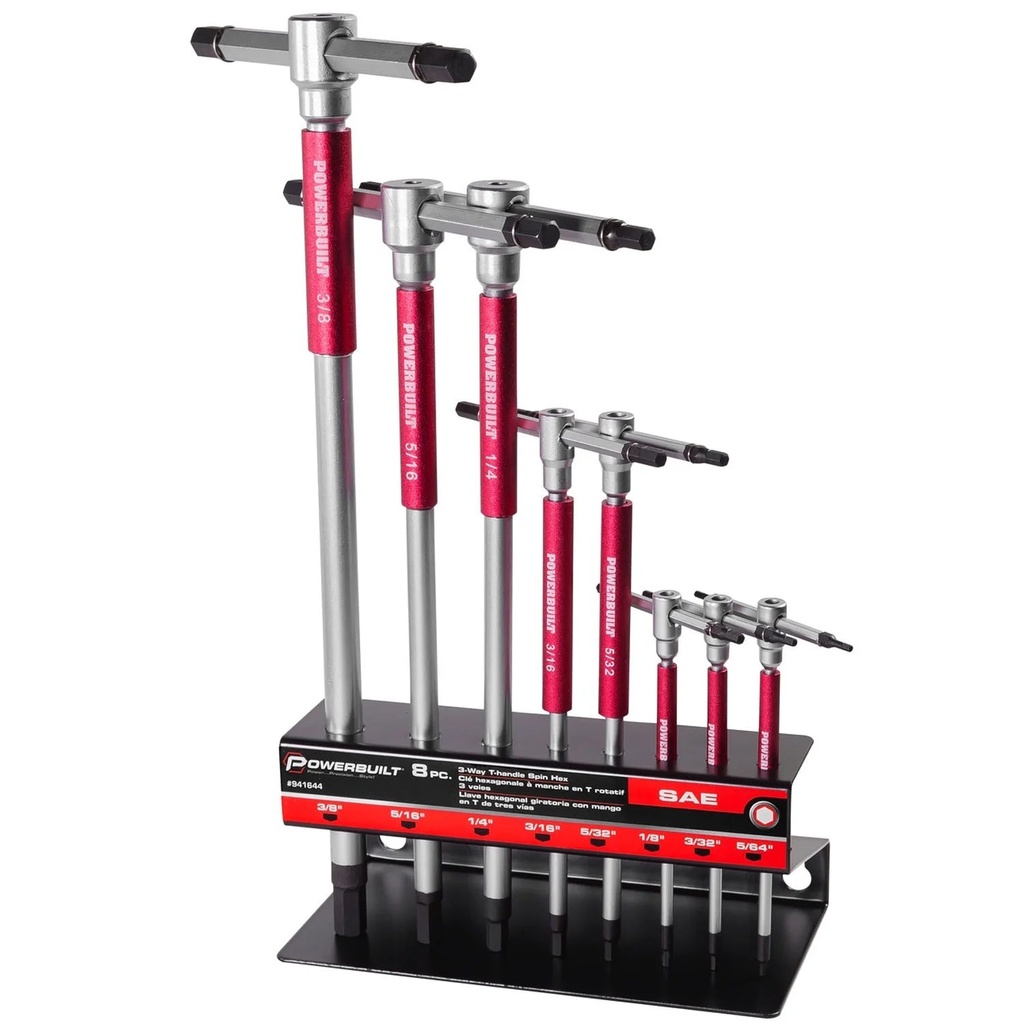 Powerbuilt 8 Pc SAE T-Handle Hex Allen Key Wrench Set with Storage Rack - 941644