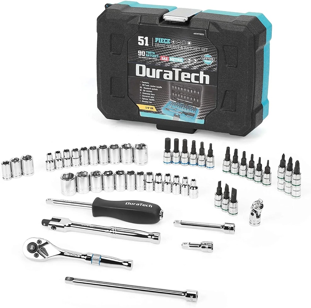 DURATECH 1/4" Socket Set, 51 Piece Tool Set Including Standard(Sae) and Metric Sockets,Bit Sockets,Ratchet and Universal Joint