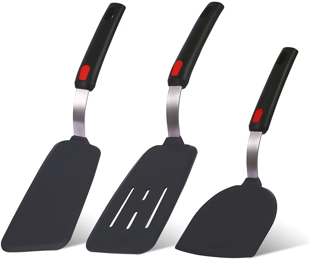 I Kito Silicone Cooking Spatula Set 3Pack, Silicone Slotted Turner Spatula Black High Heat