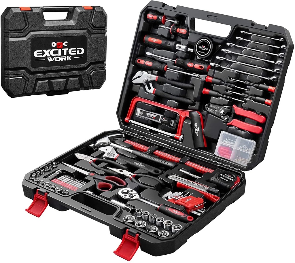 EXCITED WORK 198 Pcs Hand Tool Set, Mechanic Tools Kit with Plastic Storage Case Wrench Screwdriver Saw for Home Maintenance ＆ Automotive Repair