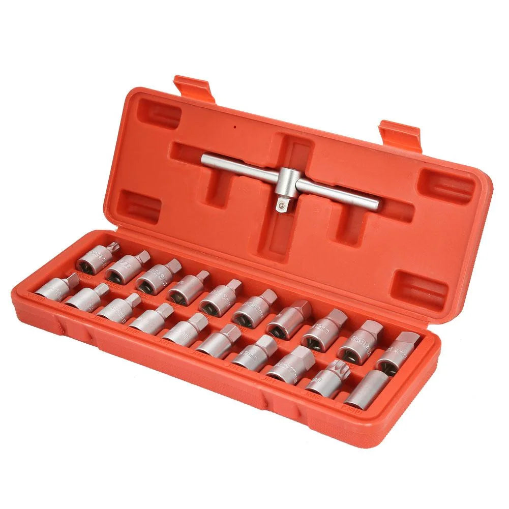 21Pcs Cr V Steel 3/8In Oil Drain Plug Sump Slid Able T Handle Socket Wrench Set Oil Change Tool