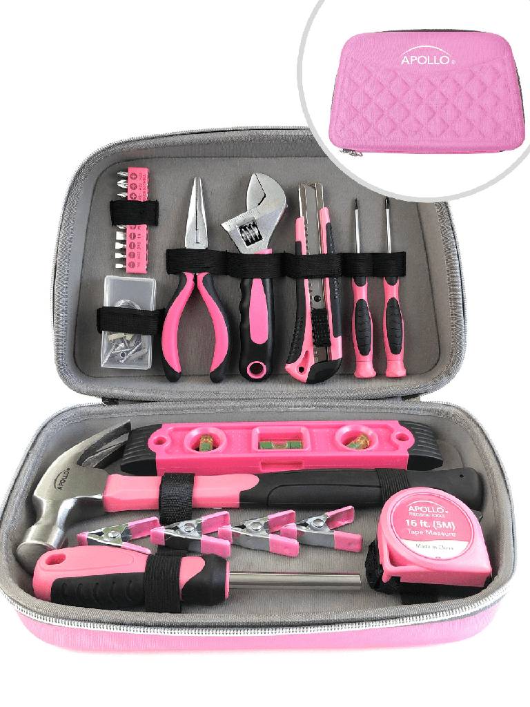Apollo Tools DT5016P 63 Piece Household Tool Kit in Zippered Case - Pink