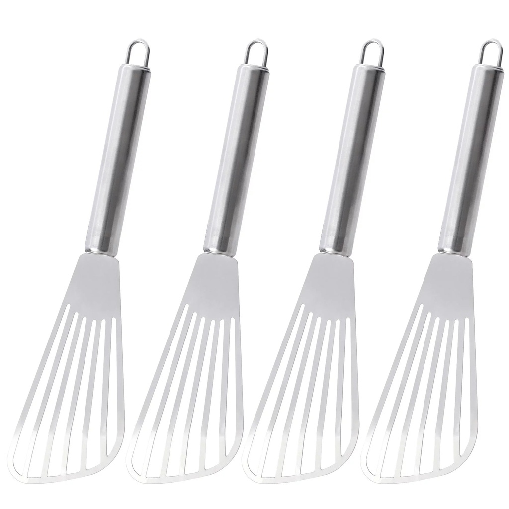 Unique Bargains Stainless Steel Slotted Kitchen Spatula Barbecue Turner Shovel Silver Tone 4 Pcs