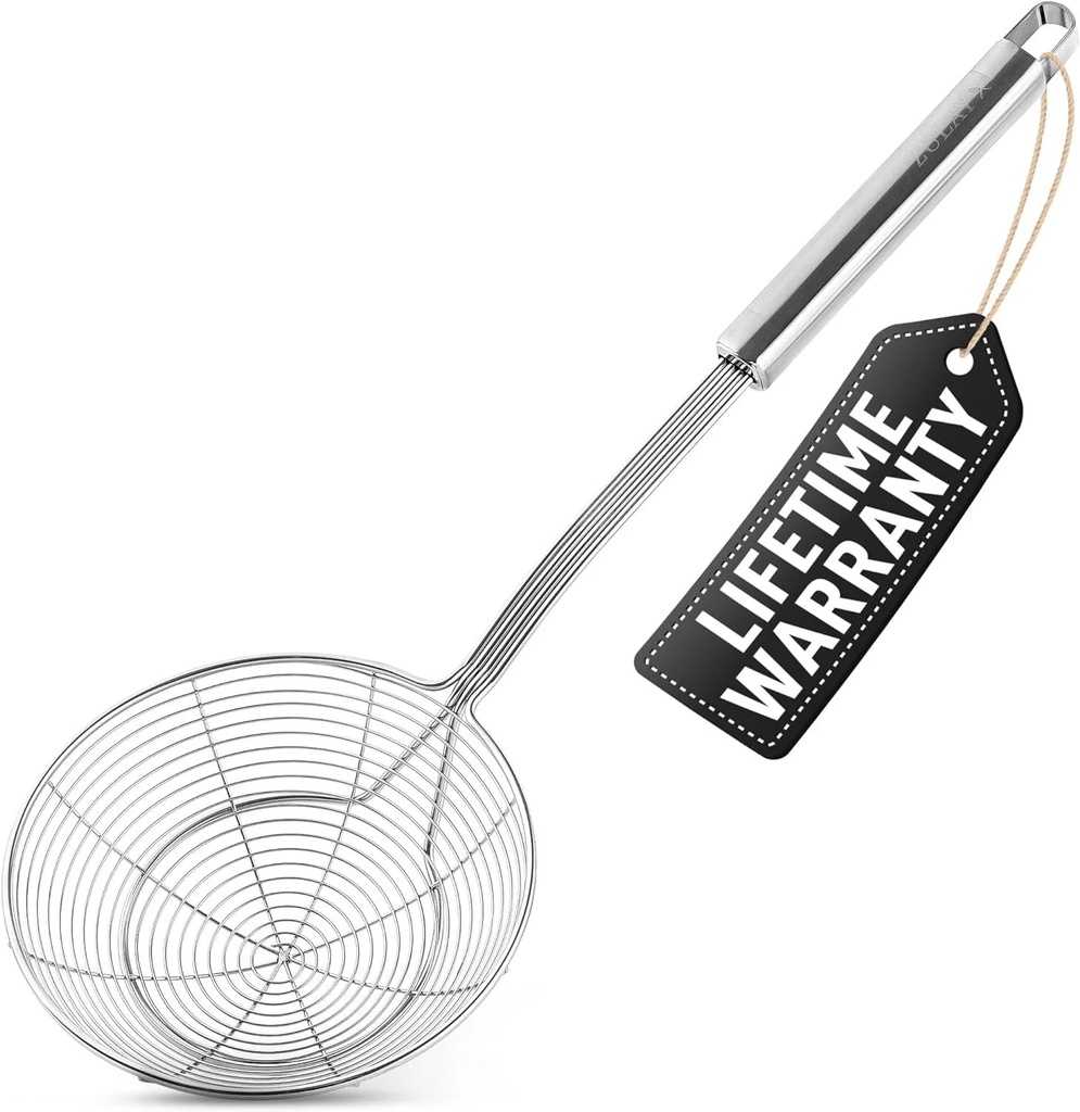 Zulay Kitchen 15.4 Inch Stainless Steel Strainer - Spiral Wire Mesh Skimmer Spoon Ladle with Long Handle - Reinforced Double Coil Slotted Spoons for Cooking and Frying