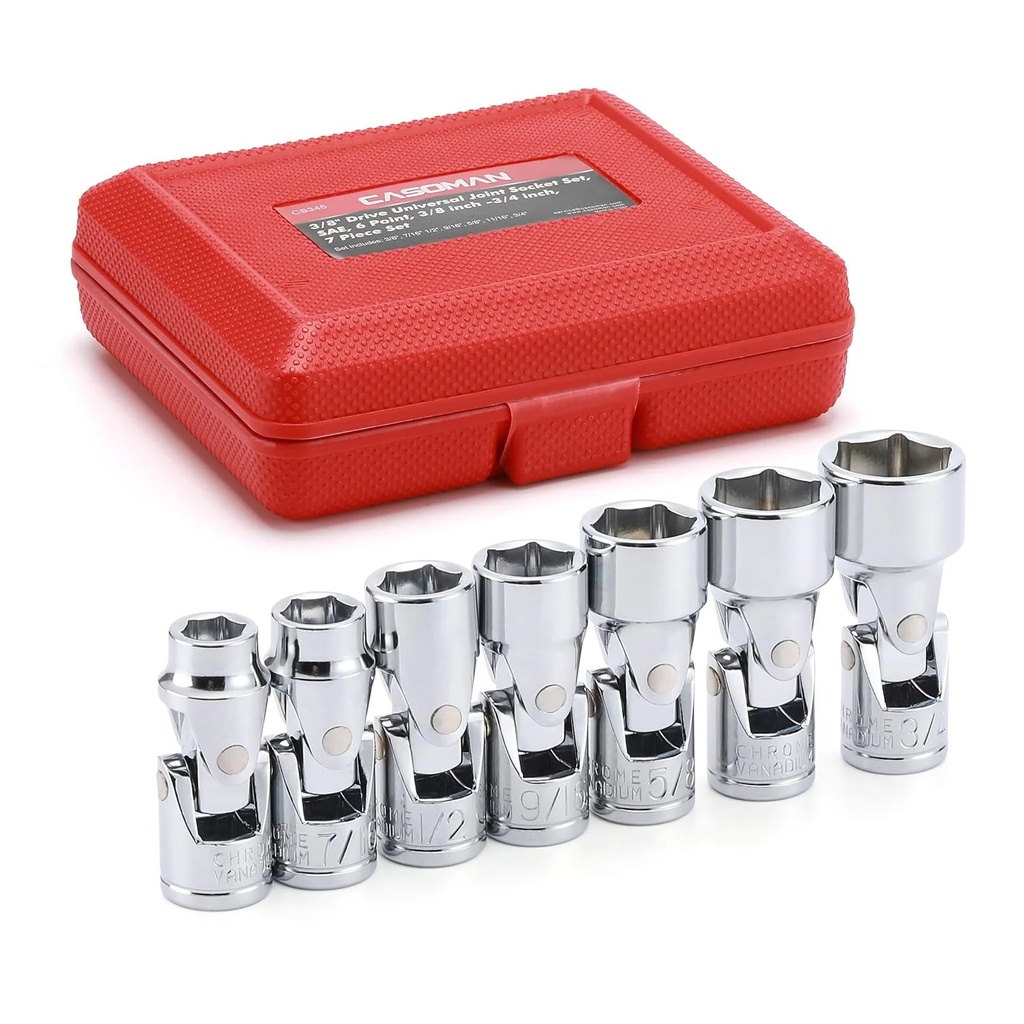 CASOMAN 3/8 Inch Drive Universal Joint Socket Set, 7 Piece Flex Socket Set, 6-Point, Cr-V, SAE?3/8" to 3/4", CR-V, 360 Degree Rotation