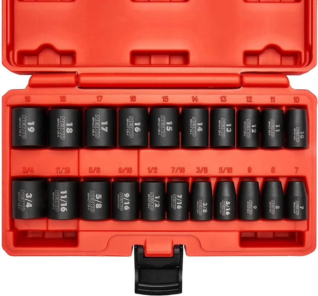 NEIKO 02432A 3/8” Drive SAE and Metric Impact Socket Set | 21 Shallow Pieces | SAE 5/16” to 3/4” | 7Mm to 19Mm | Premium Cr-V Steel | 6-Point Hex Design | Corrosion Resistant Coating