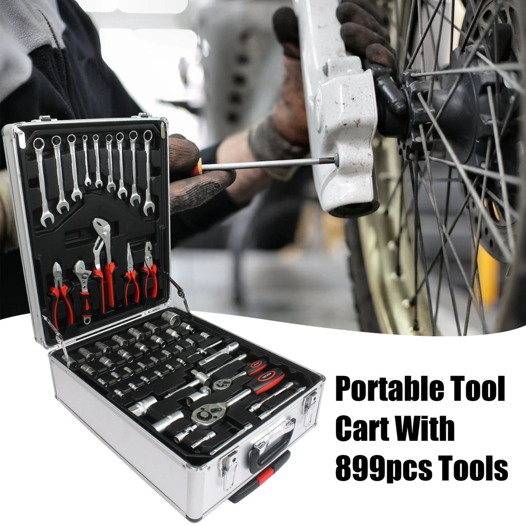 899Pcs Aluminum Trolley Case Tool Set Silver, House Repair Kit Set, Household Hand Tool Set, with Tool Belt,Gift on Father'S Day