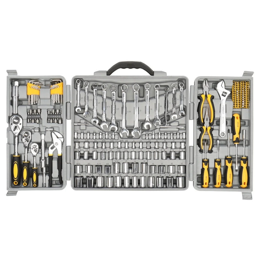205Pcs Socket Wrench Tool Set Integration, Chrome Vanadium Forged Vehicle Tool Kit Mechanics Tool Set with Hex Key Wrench, Nose Pliers, Screwdriver Bit Holder, Groove Joint Pliers, Gray