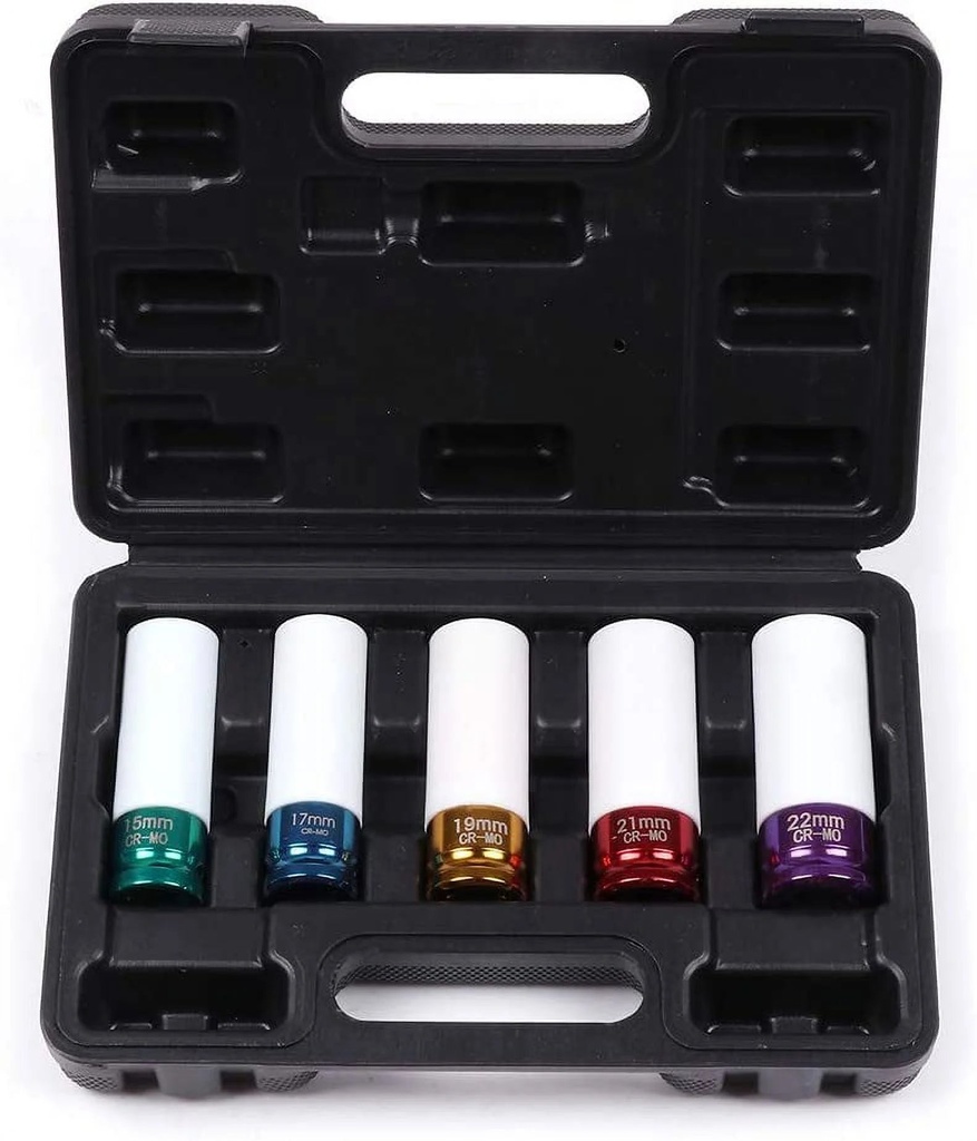 ECCPP 5Pcs 1/2 Inch Drive Thin Wall Impact Socket Wheel Rim Protector Tool Set 15Mm 17Mm 19Mm 21Mm 22 Mm CR-MO Steel
