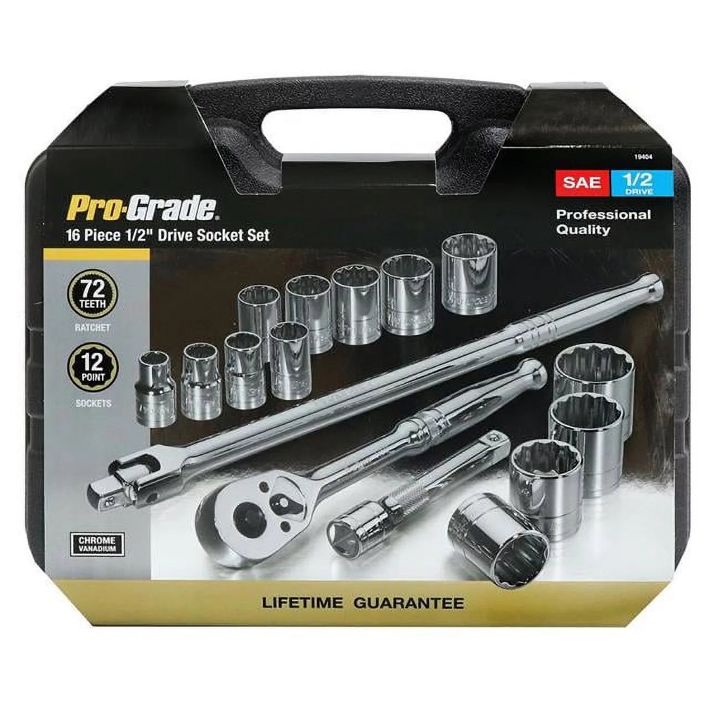 Pro-Grade 19404 0.5 In. Drive SAE Socket Set in Case - 16 Piece