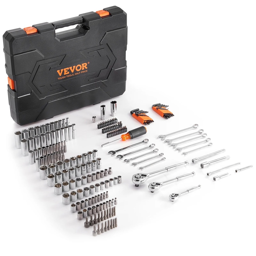 BENTISM Mechanics Tool Set and Socket Set, 1/4" and 3/8" Drive Deep & Standard Sockets, 205 Piece SAE and Metric Mechanic Tool Kit with Bits, Combination Wrench, Hex Wrenches, Accessories