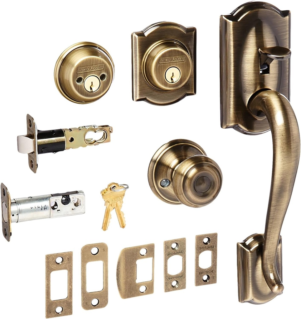 Schlage F62CAM609GEO Antique Brass Camelot Double Cylinder Handleset with Georgian Interior Knob from the F-Series