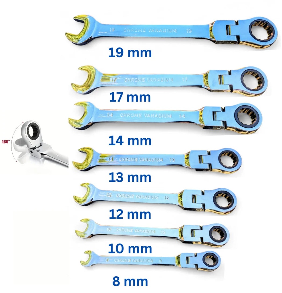 Refiner and Fuller 7Pc 8-19Mm Ratcheting Wrench Combination Metric Flexible Head Tool Set