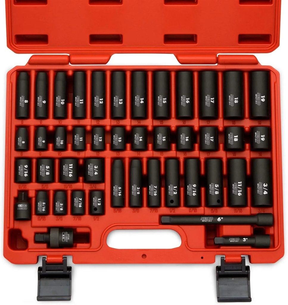 NEIKO 02440A 3/8-Inch-Drive Impact Socket Set, SAE Sizes 5/16" to 3/4" and Metric Sizes 8 Mm to 19 Mm, Includes Extension Bars and U-Joint, 44 Pieces