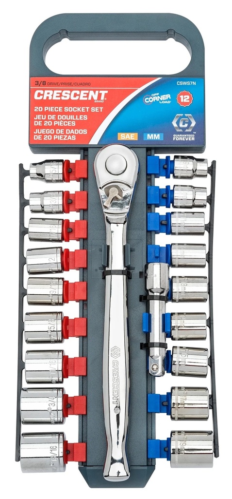 Crescent Assorted Sizes X 3/8 In. Drive Metric and SAE 12 Point Socket Wrench Set 20 Pc.