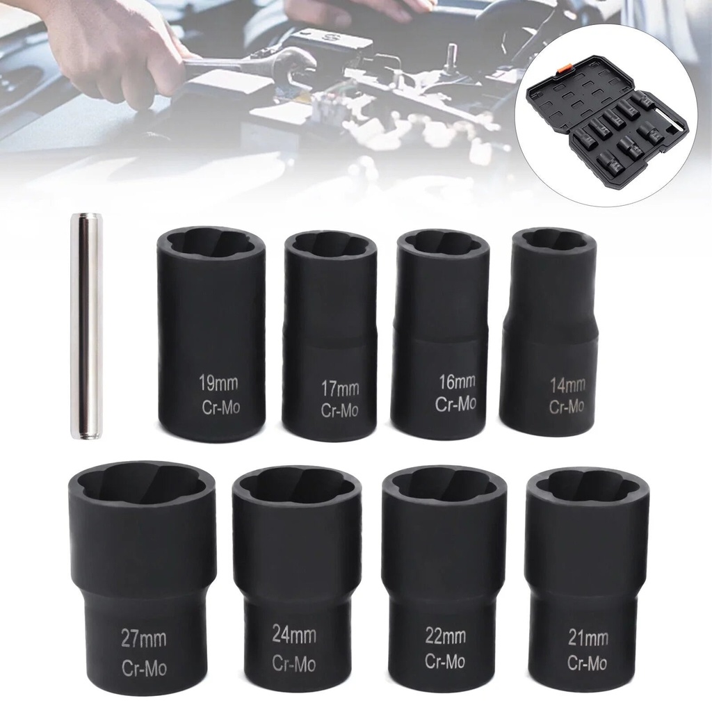 Bolt Nut Remover Extractor Kit Damaged Stripped Socket Wrench Set 42Cr-Mo+Rod 8Pcs Bolt Nut Remover Extractor Kit Damaged Stripped Socket Wrench Set Black Bolt Extractors Removes Rod Kit