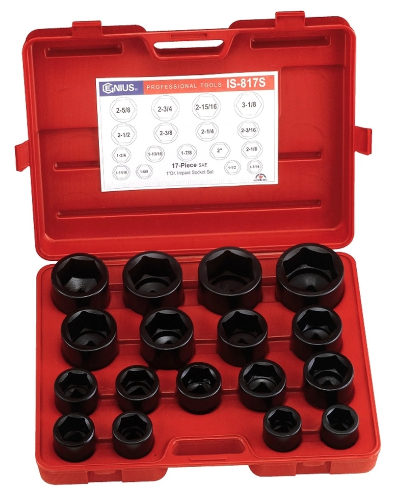 Genius Tools 17 Piece 1" Dr. SAE Impact Socket Set (Cr-Mo) - IS-817S