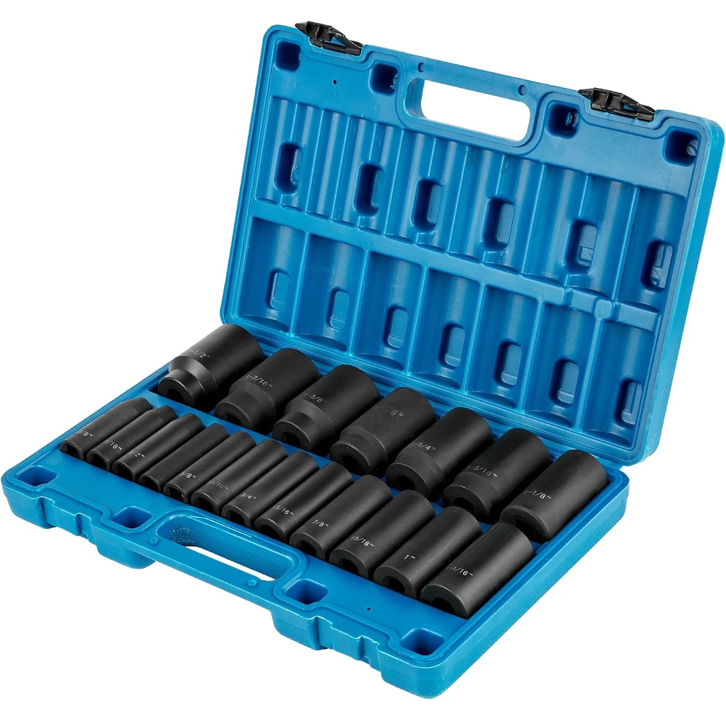 SKYSHALO Impact Socket Set 1/2 Inches 19 Piece Impact Sockets, Deep Socket, 6-Point Sockets, Rugged Construction, Cr-V, 1/2 Inches Drive Socket Set Impact 3/8 Inch - 1-1/2 Inch, with a Storage Cage