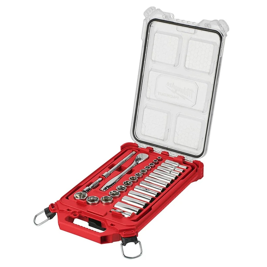 Milwaukee Tool 3/8” Drive 28Pc Ratchet & Socket Set with PACKOUT Low-Profile Compact Organizer - SAE