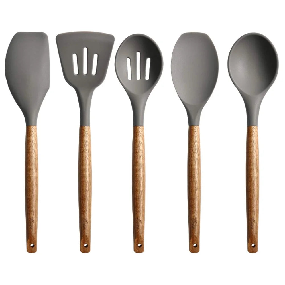 Non-Stick Silicone Kitchen Utensils Set with Natural Acacia Hard Wood Handle, 5 Pieces, Grey,Baking, Serving and Cooking Utensils