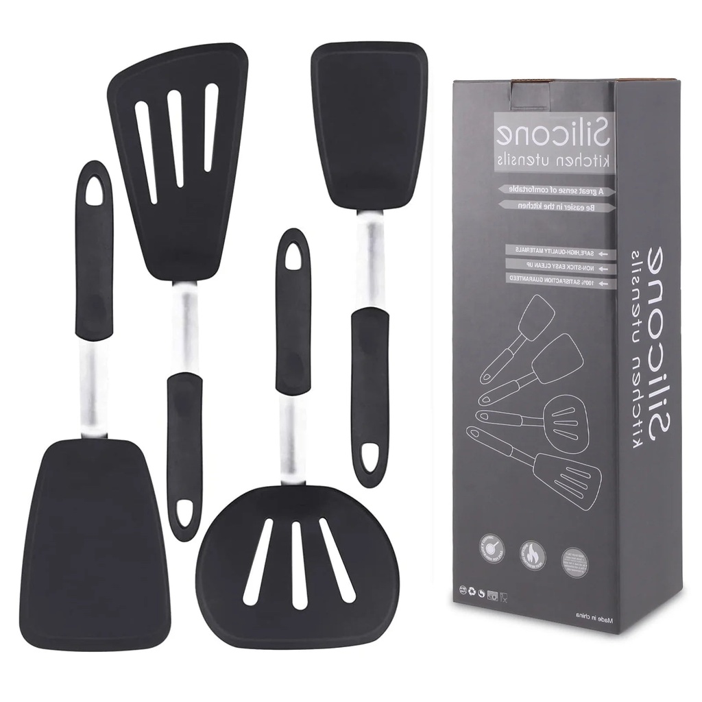 Silicone Spatula Turner Set of 4, 600°F Heat Resistant Cooking Spatulas for Nonstick Cookware, Large Flexible Kitchen Utensils BPA Free Rubber Spatula Set for Egg, Pancake, Fish, Burger