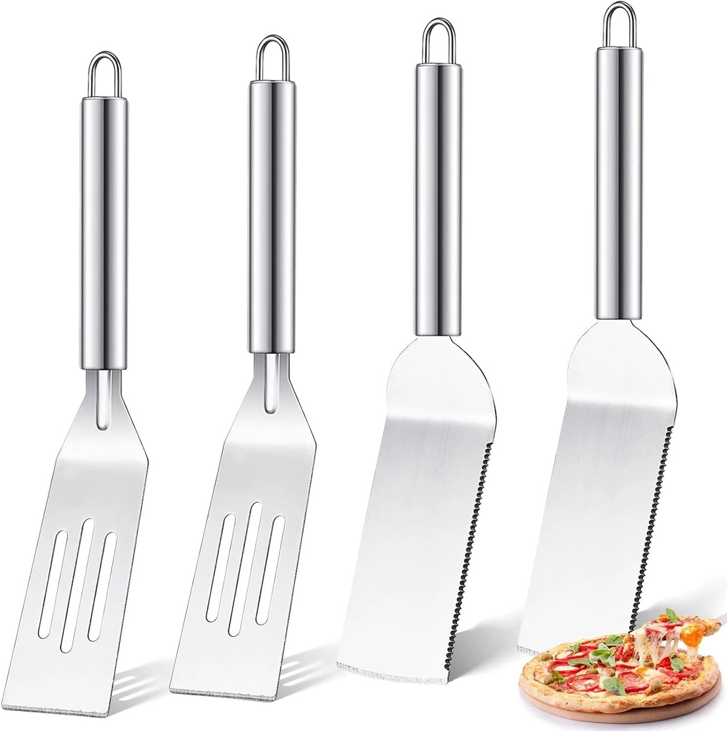 4 Pcs Metal Spatula 10 X 2 Inch Stainless Steel Small Spatula Mini Spatula Brownie Spatula Serving Spatula Slotted Solid Blade Cookie Spatula with Handle for Cutting Desserts Approx. 10 X 2 Inch
