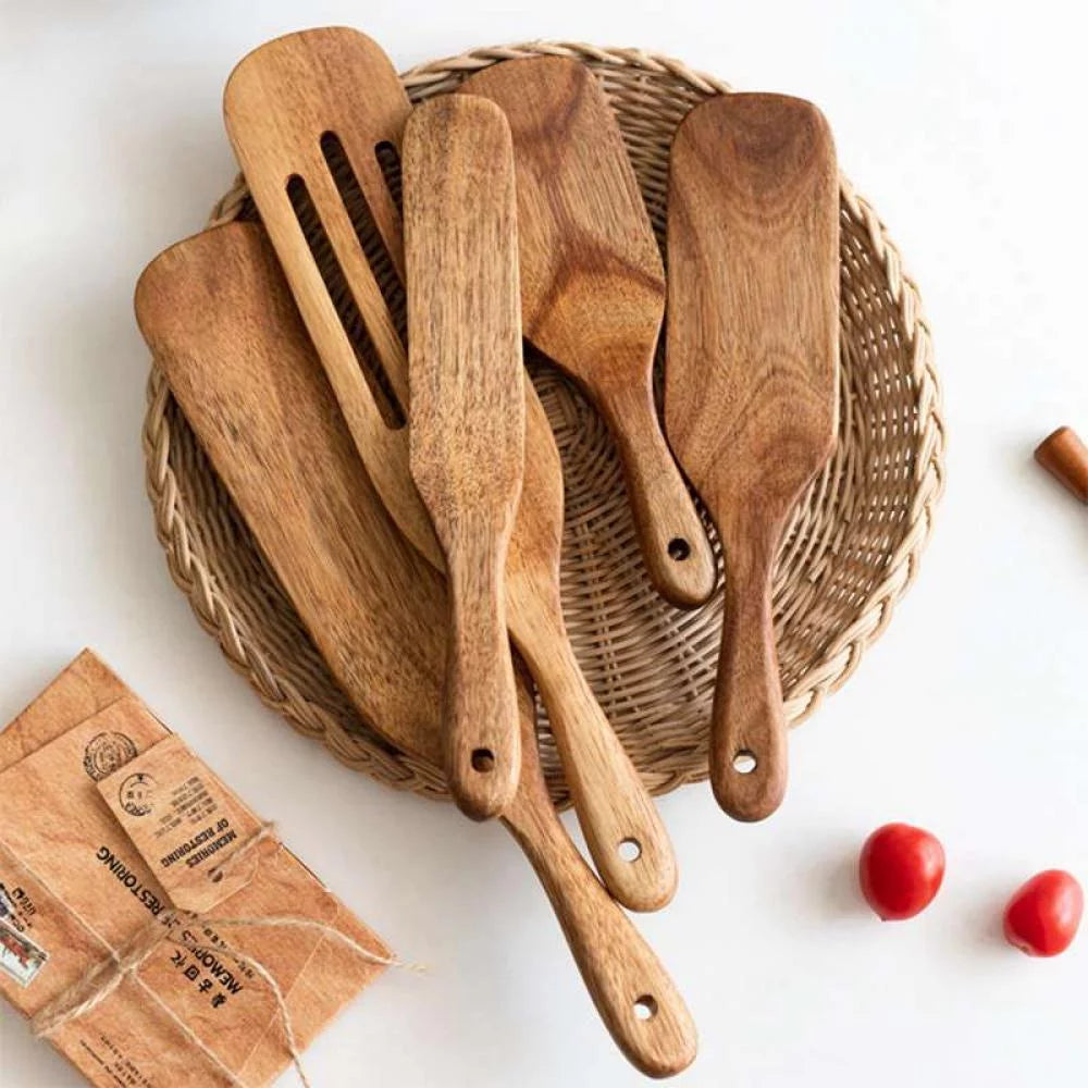 GOODLY Acacia Wooden Spatula for Cooking Slotted Spurtle Kitchen Utensil Sets Non-Stick Long Shank Matter Mixture Shovel Dinnerware