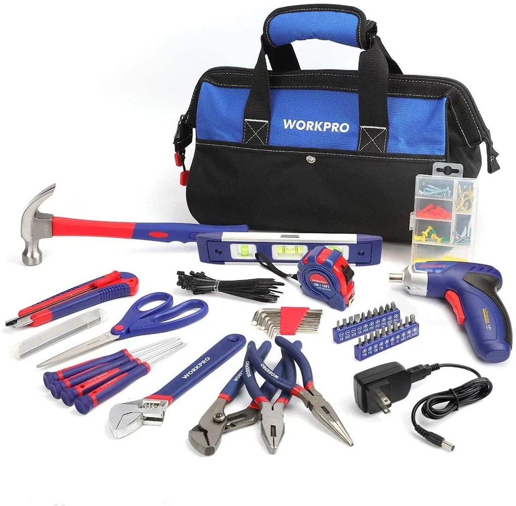 WORKPRO 125-Piece Household Tool Kit – 3.6V Rechargeable Screwdriver & Home Repair Basic Tool Set with 13-Inch Easy Carrying Tools Bag, 125 Pcs (W009068A)