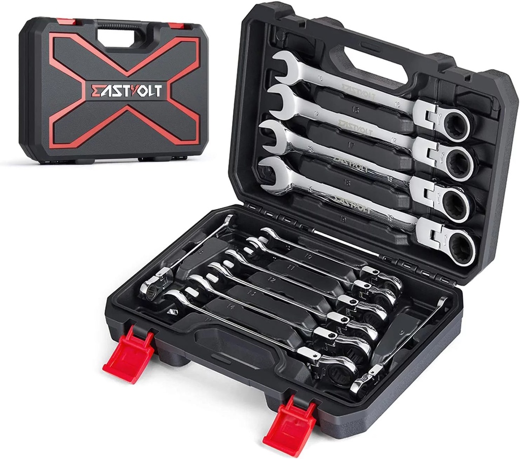 Eastvolt 12-Piece Flex-Head Ratcheting Wrench Set, Metric 8Mm-19Mm, Combination Ended Spanner Kits, Chrome Vanadium Steel with Toolbox