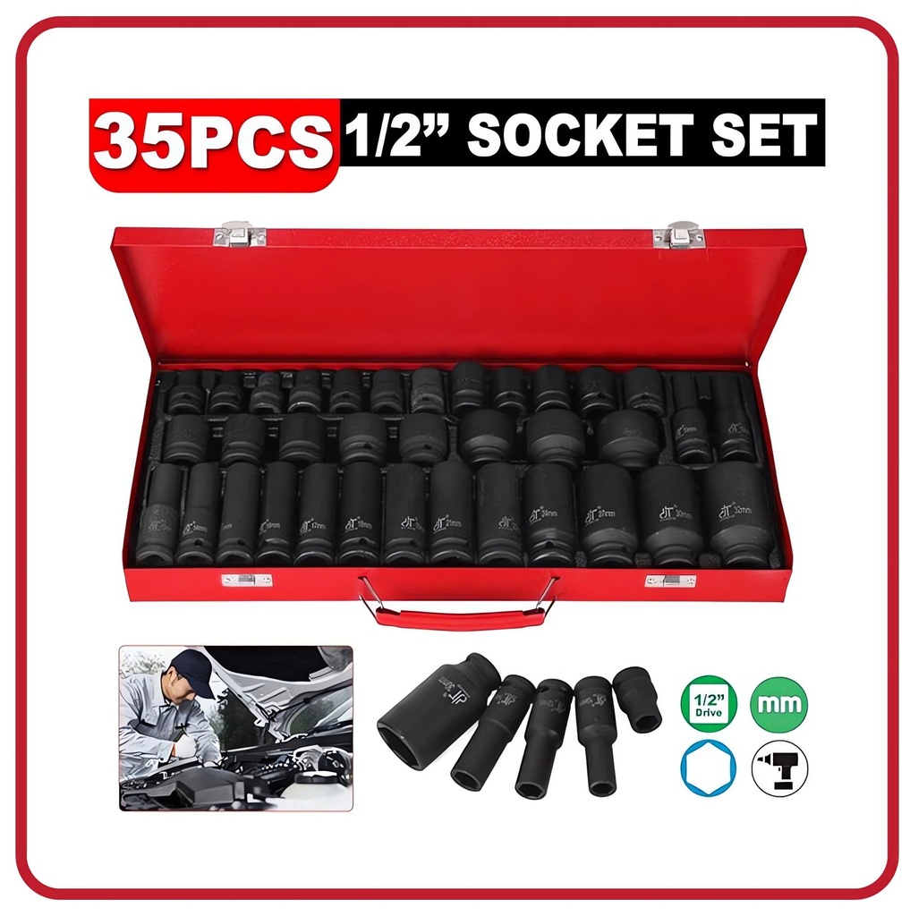 Petoto 35Pcs 1/2 Inch Deep Impact Socket Set Wrench Nut Garage Size 8-32Mm for Home Car Work Places