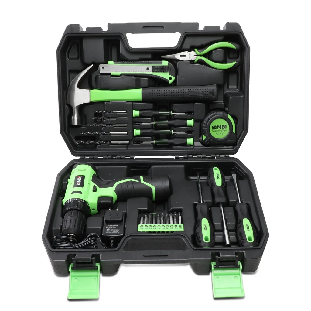 DNA Motoring TOOLS-00018 DNA MOTORING Green 27 Pcs 12V 1300Mah Battery Cordless Drill Combinaton Tool Set Home Hand Repair Kit