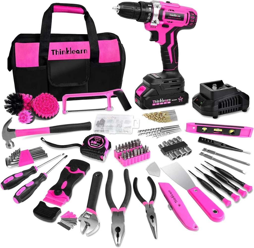 Generic Pink Tool Kit with 20V Cordless Drill(265In-Lbs), Pink Drill Set for Women,Lady'S Home Tool Kit for DIY