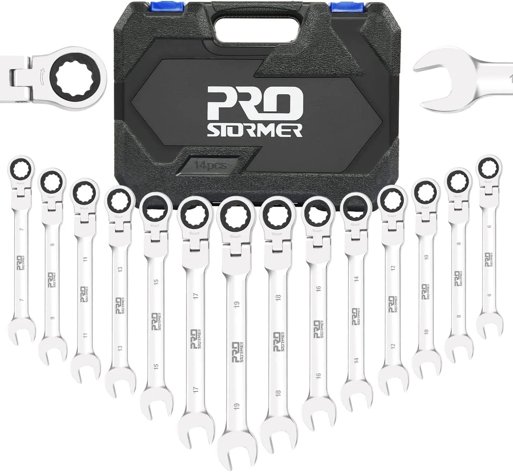 PRO 14-Piece Flex-Head Ratcheting Wrench Set, 6-19Cm Metric Chrome Vanadium Steel Ratchet Wrenches, Combination Ended Spanner Kit with Storage Case